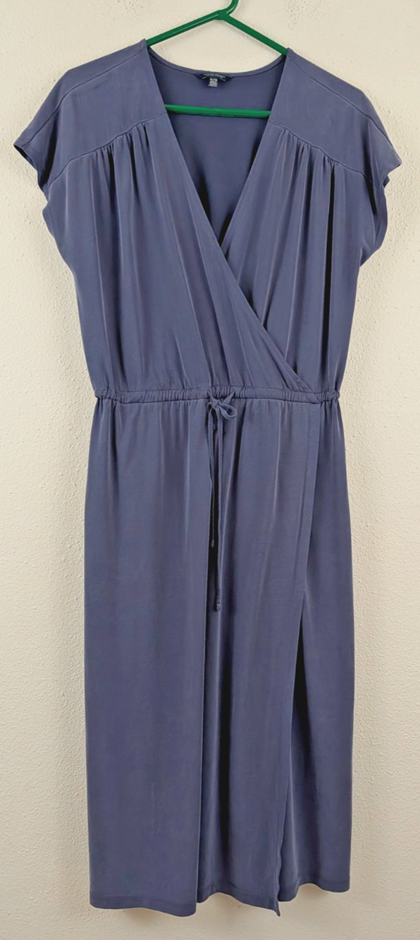 Lucky Brand sz XL Faux Wrap Midi Dress blue knit elastic drawstring waist 0056